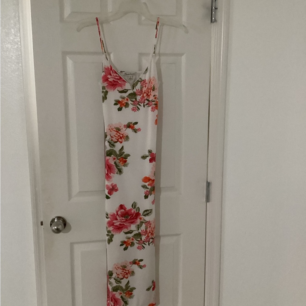 White Backless Slip Dress with Pink Floral Print